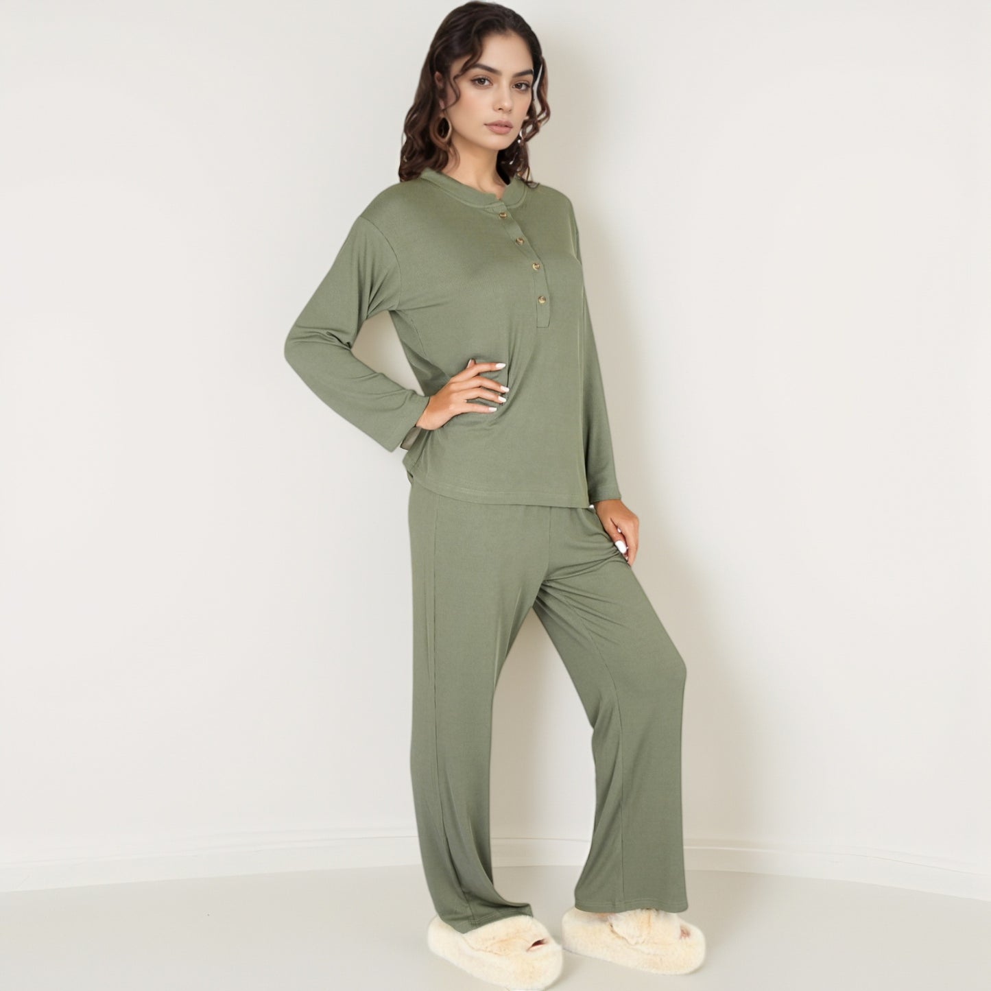Anna-Kaci Women's Henley Pajama Set with Long Sleeve Button-Front Top Relaxed Fit and Full-Length Stretch Lounge Pants