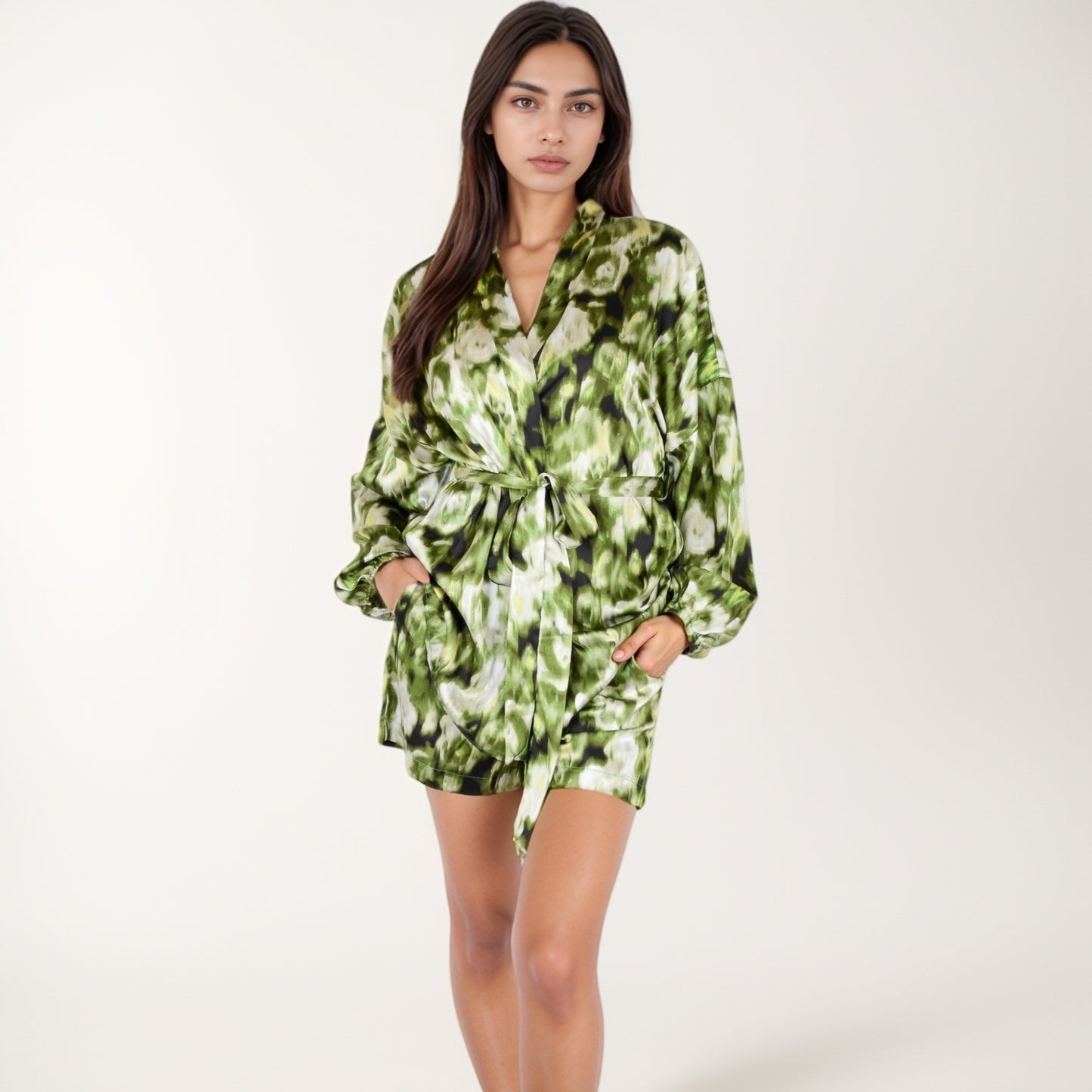 Anna-Kaci Lounge Women's Printed Satin Robe with Tie Waist and Flowing Sleeves