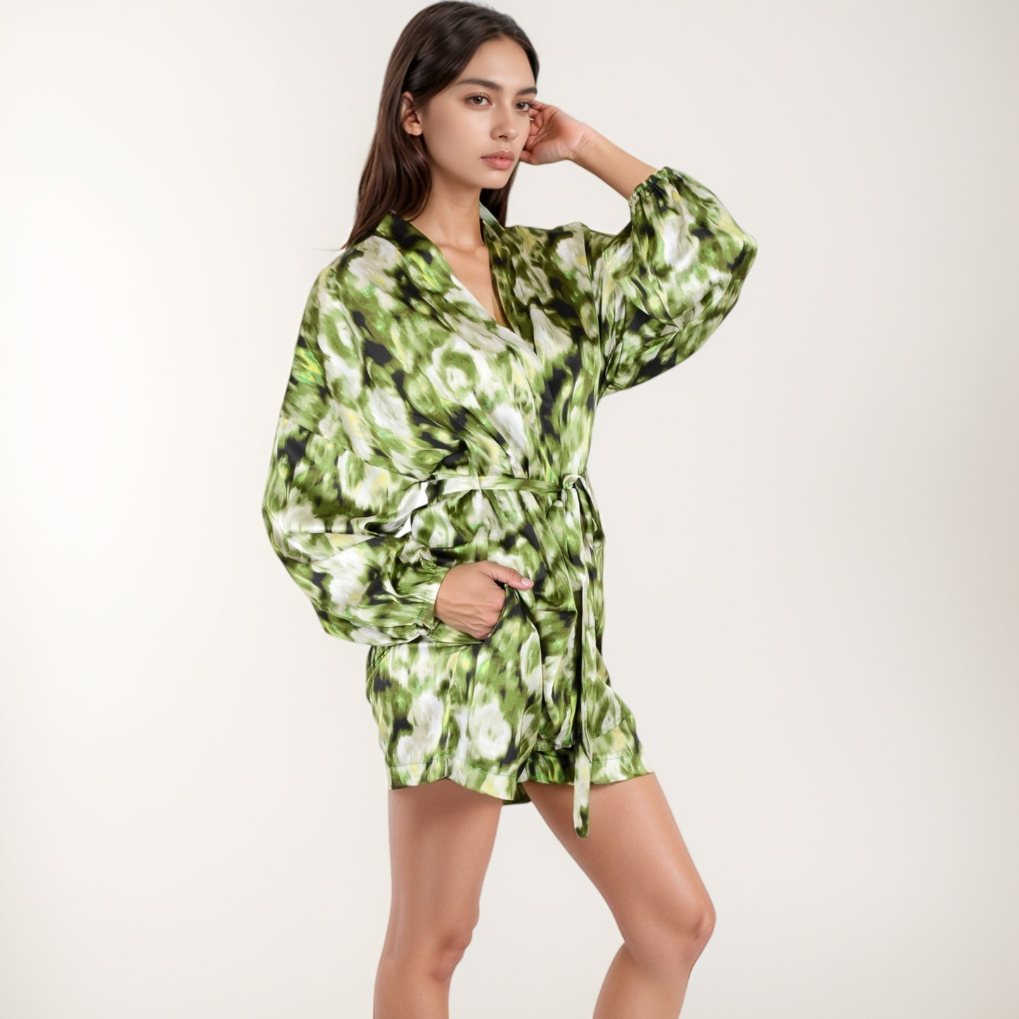 Anna-Kaci Lounge Women's Printed Satin Robe with Tie Waist and Flowing Sleeves
