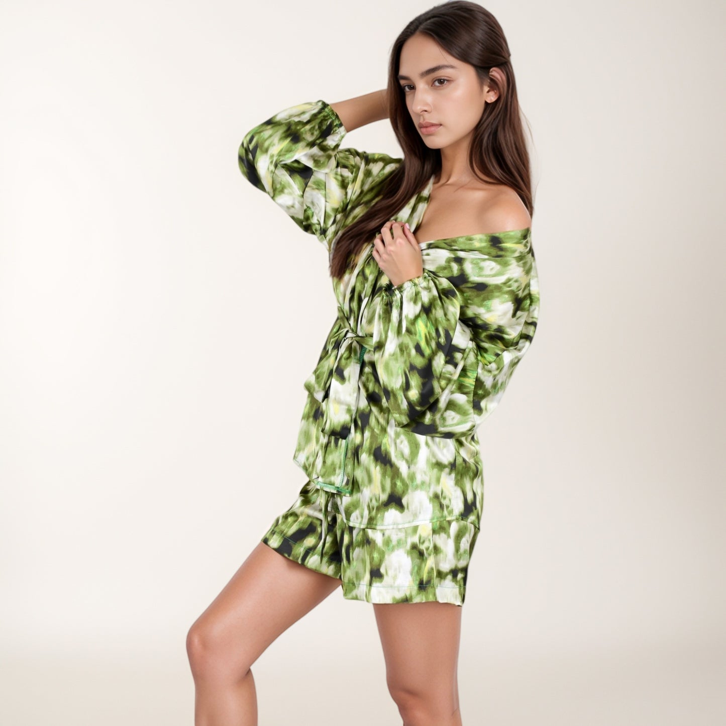 Anna-Kaci Lounge Women's Printed Satin Robe with Tie Waist and Flowing Sleeves