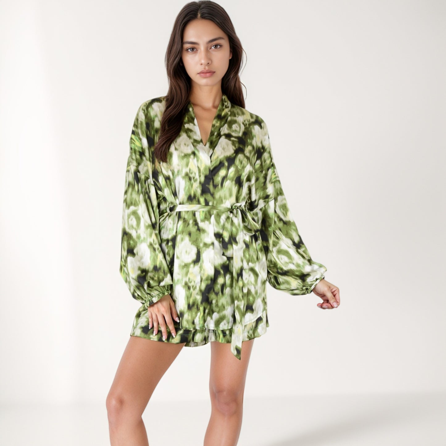 Anna-Kaci Lounge Women's Printed Satin Robe with Tie Waist and Flowing Sleeves