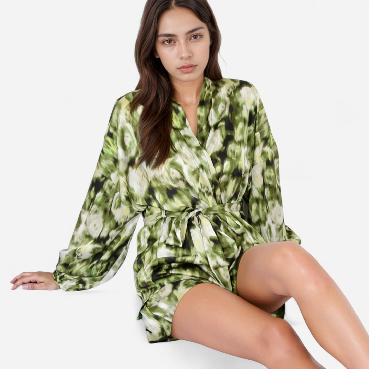 Anna-Kaci Lounge Women's Printed Satin Robe with Tie Waist and Flowing Sleeves