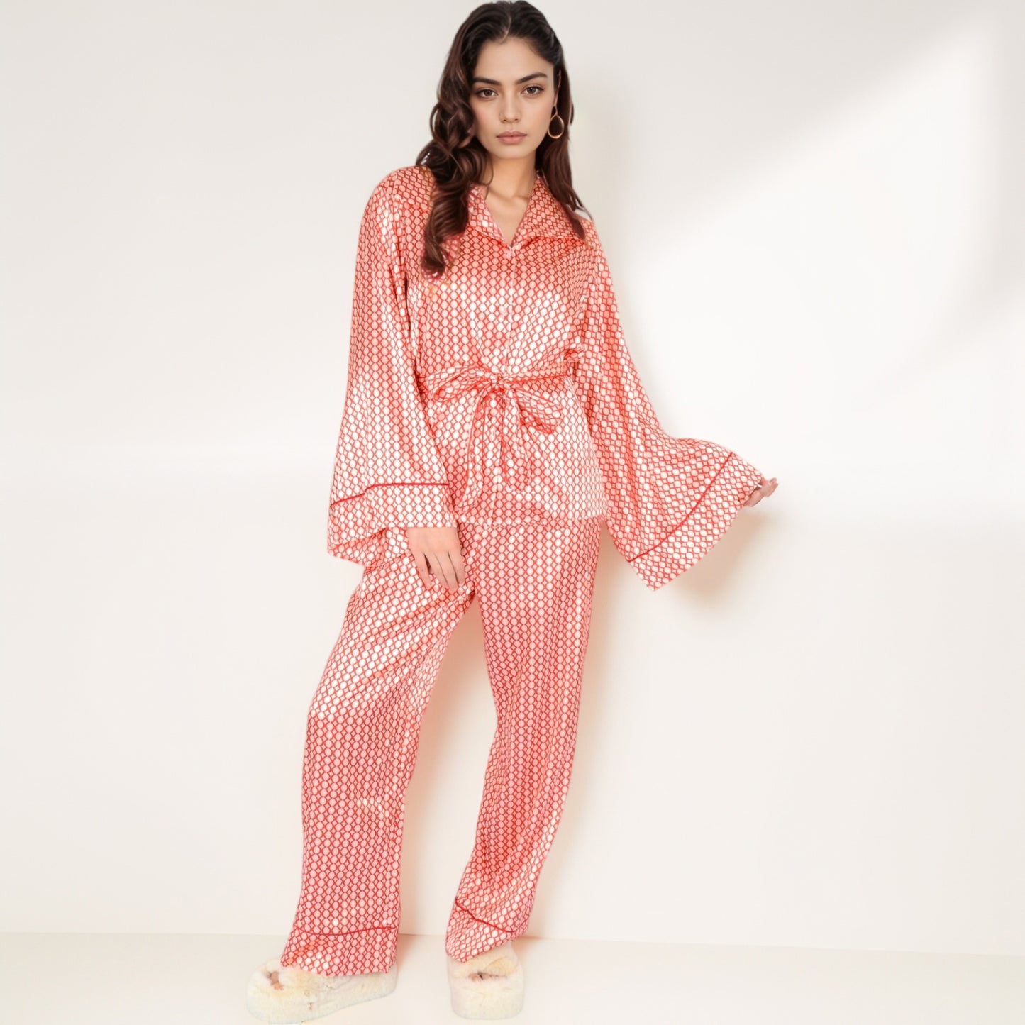 Anna-Kaci Women's Printed Satin Pajama Set with Long Sleeve Wrap Top Self-Tie Waist and Full-Length Relaxed Fit Lounge Pants