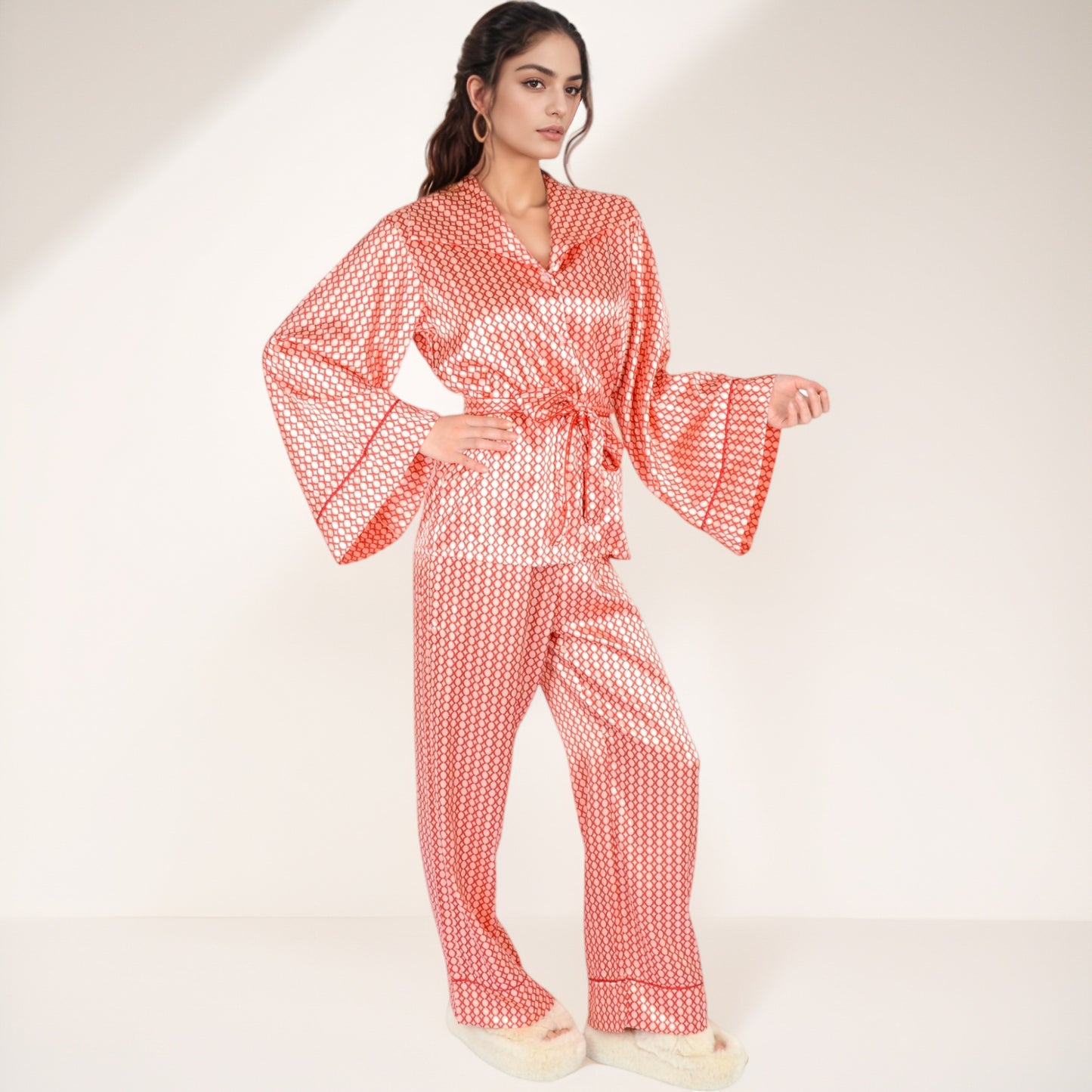 Anna-Kaci Women's Printed Satin Pajama Set with Long Sleeve Wrap Top Self-Tie Waist and Full-Length Relaxed Fit Lounge Pants
