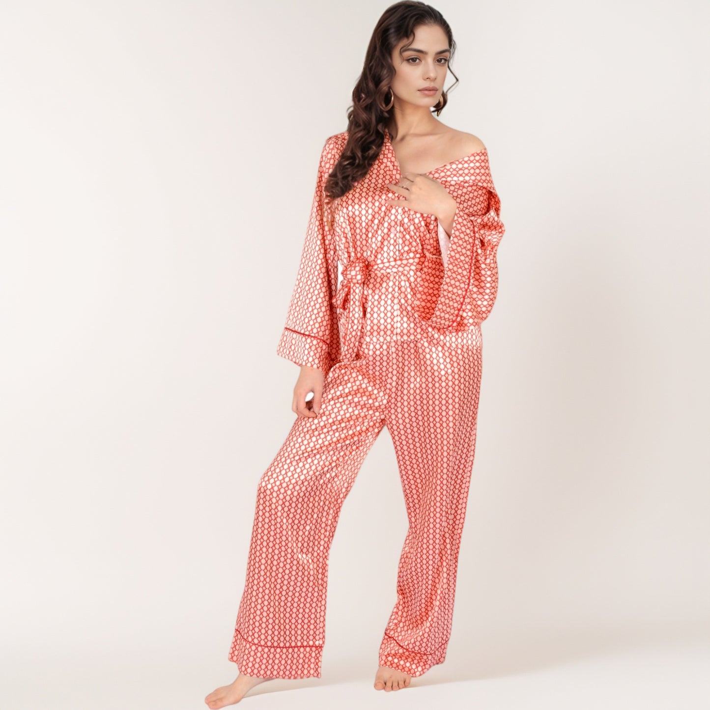 Anna-Kaci Women's Printed Satin Pajama Set with Long Sleeve Wrap Top Self-Tie Waist and Full-Length Relaxed Fit Lounge Pants