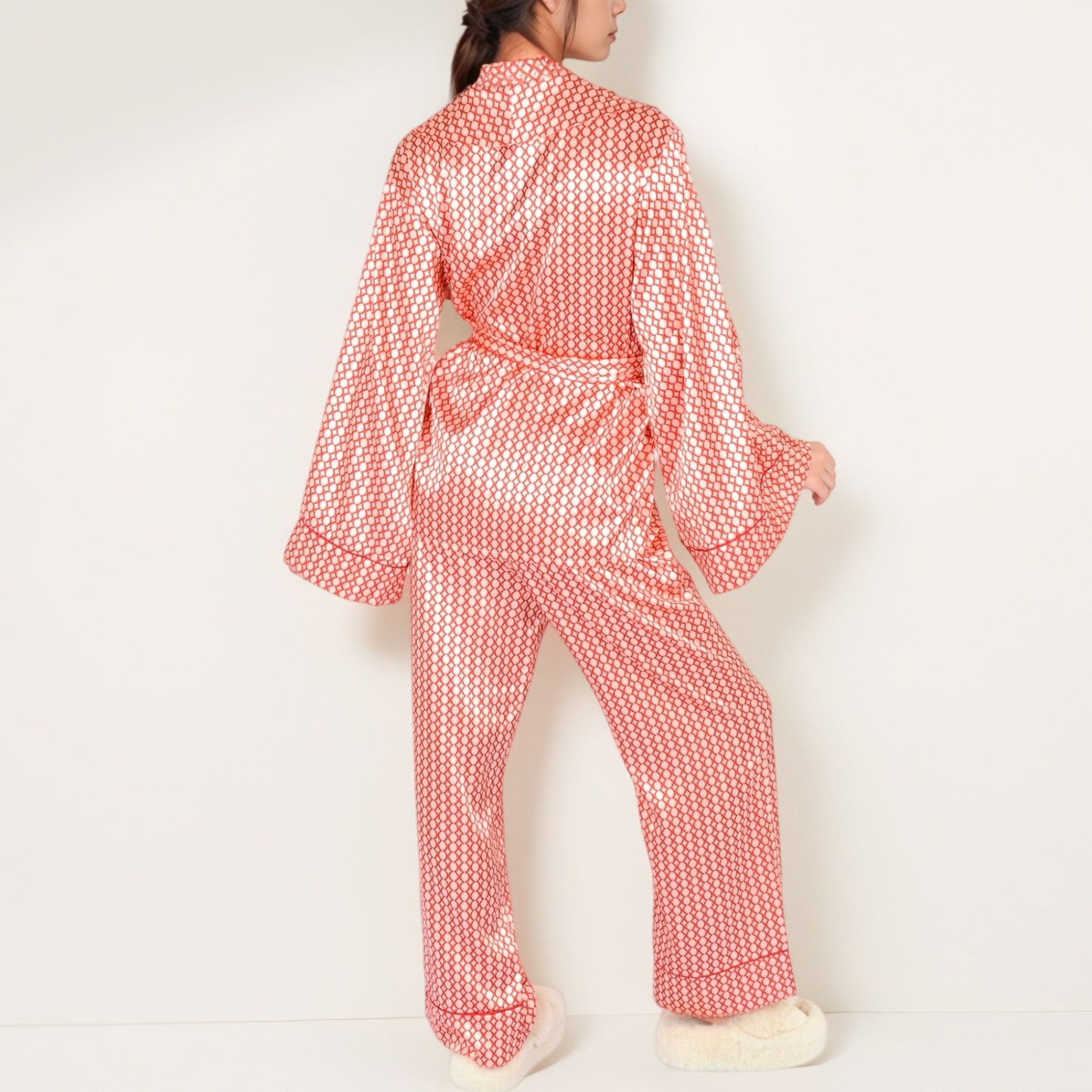 Anna-Kaci Women's Printed Satin Pajama Set with Long Sleeve Wrap Top Self-Tie Waist and Full-Length Relaxed Fit Lounge Pants