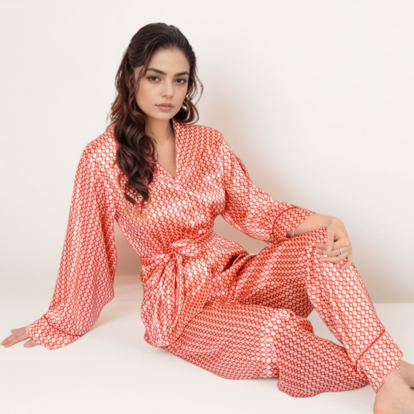 Anna-Kaci Women's Printed Satin Pajama Set with Long Sleeve Wrap Top Self-Tie Waist and Full-Length Relaxed Fit Lounge Pants