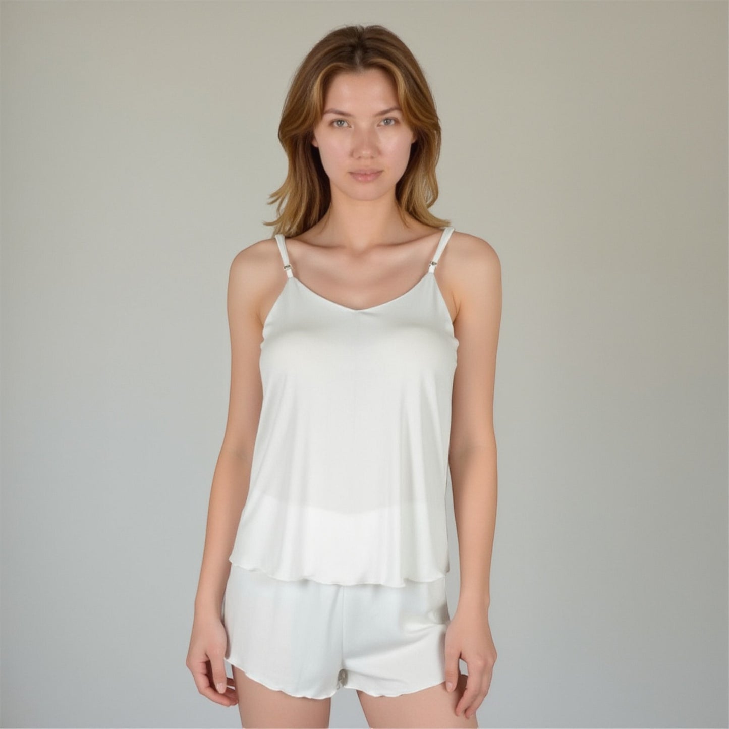 Anna-Kaci Women's Camisole Pajama Set with Adjustable Spaghetti Straps Lettuce Hem Trim and Relaxed Fit Lounge Shorts