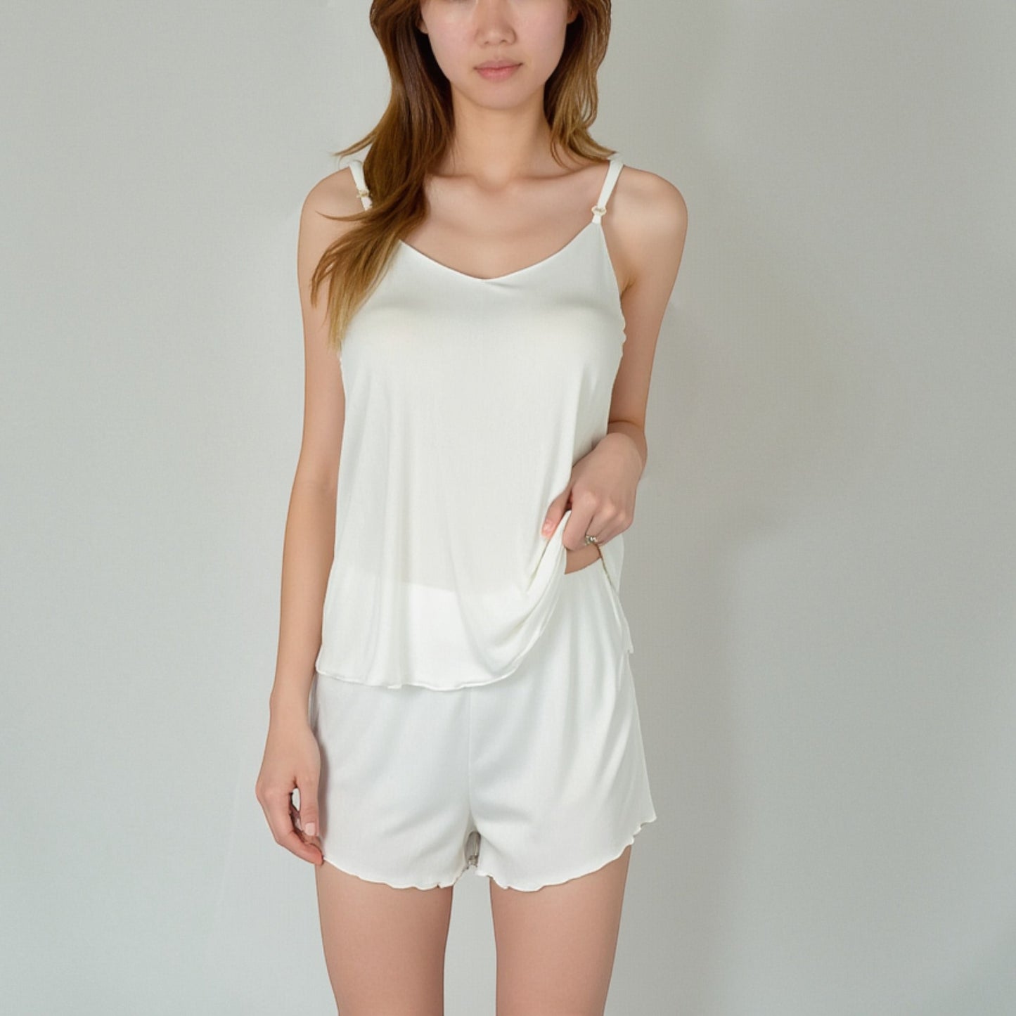 Anna-Kaci Women's Camisole Pajama Set with Adjustable Spaghetti Straps Lettuce Hem Trim and Relaxed Fit Lounge Shorts