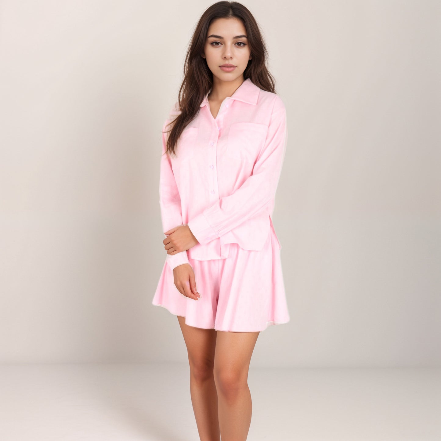 Anna-Kaci Women's Button-Up Pajama Set with Long Sleeve Collared Top Front Pockets and Relaxed Fit Matching Lounge Shorts