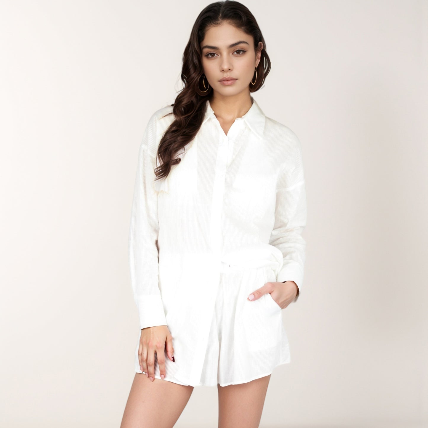 Anna-Kaci Lounge Women's 3-Piece Matching Set with Oversized Button-Up Shirt, Drawstring Shorts, and Triangle Top