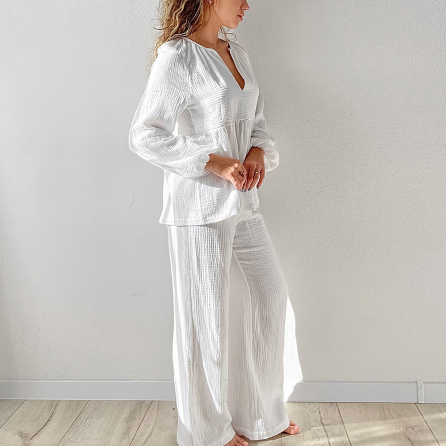 Anna-Kaci Lounge Women's Long Sleeve Relaxed Peplum Top and Wide Leg Pants 2-Piece Set