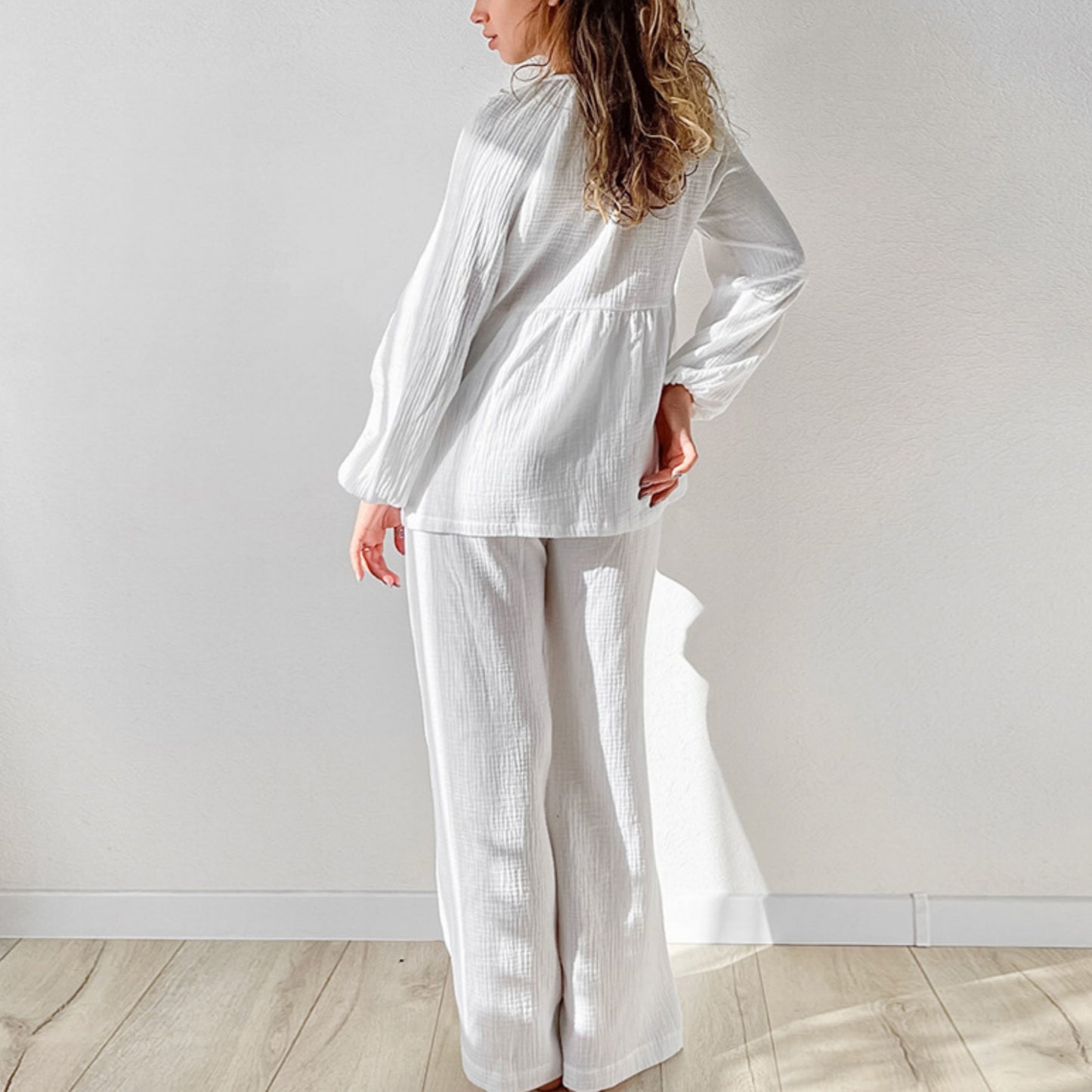 Anna-Kaci Lounge Women's Long Sleeve Relaxed Peplum Top and Wide Leg Pants 2-Piece Set