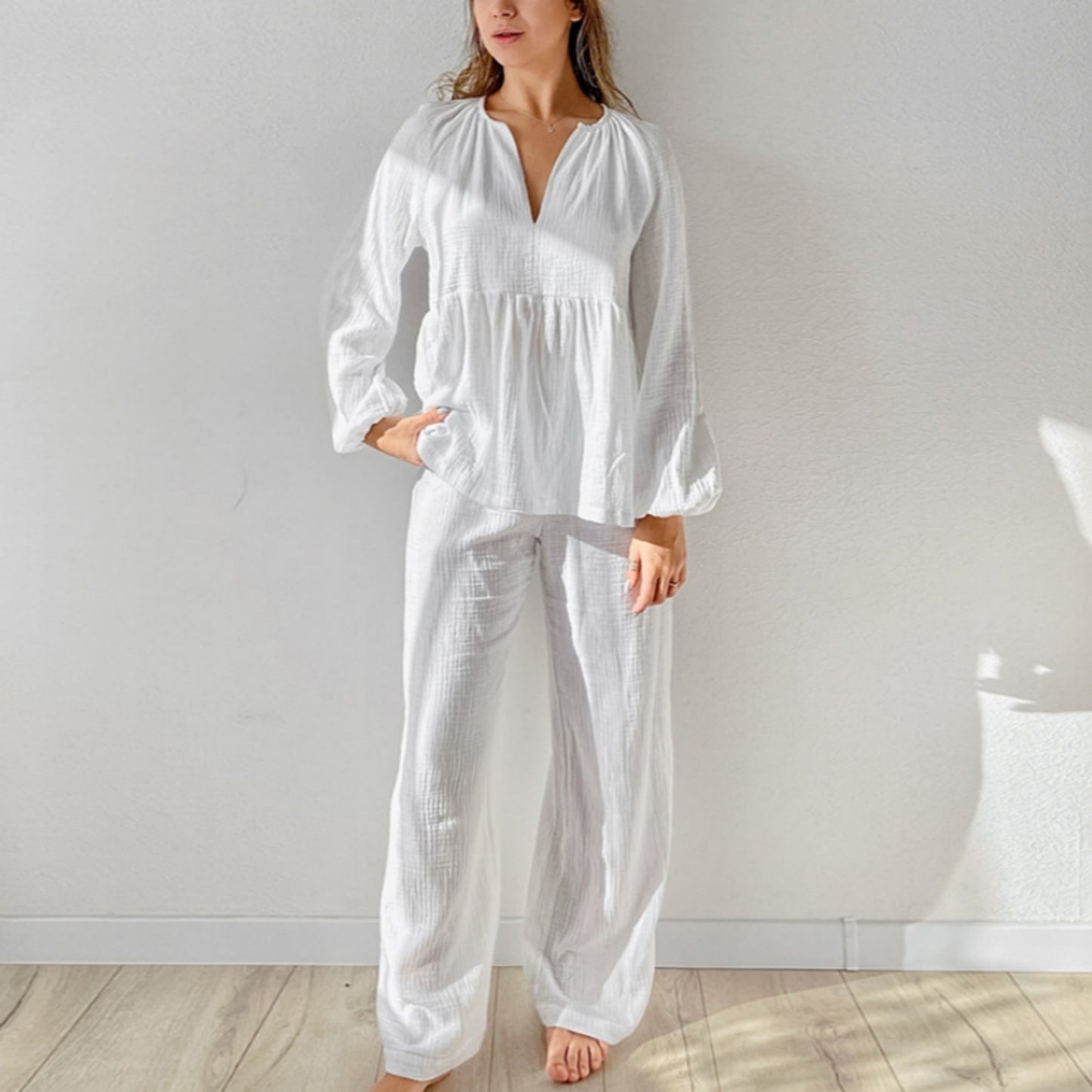 Anna-Kaci Lounge Women's Long Sleeve Relaxed Peplum Top and Wide Leg Pants 2-Piece Set