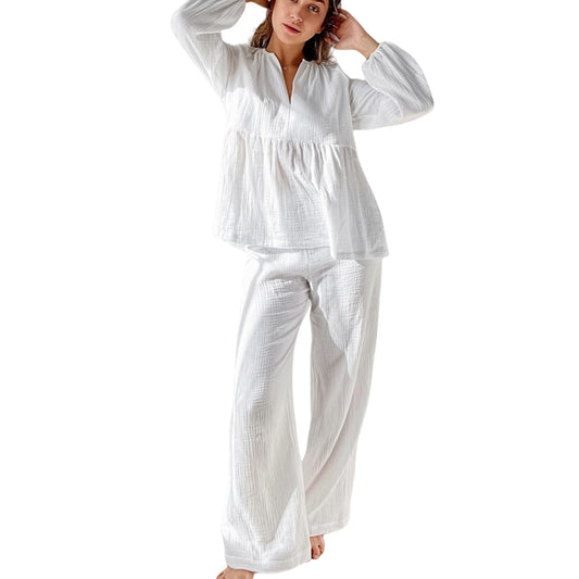 Anna-Kaci Lounge Women's Long Sleeve Relaxed Peplum Top and Wide Leg Pants 2-Piece Set