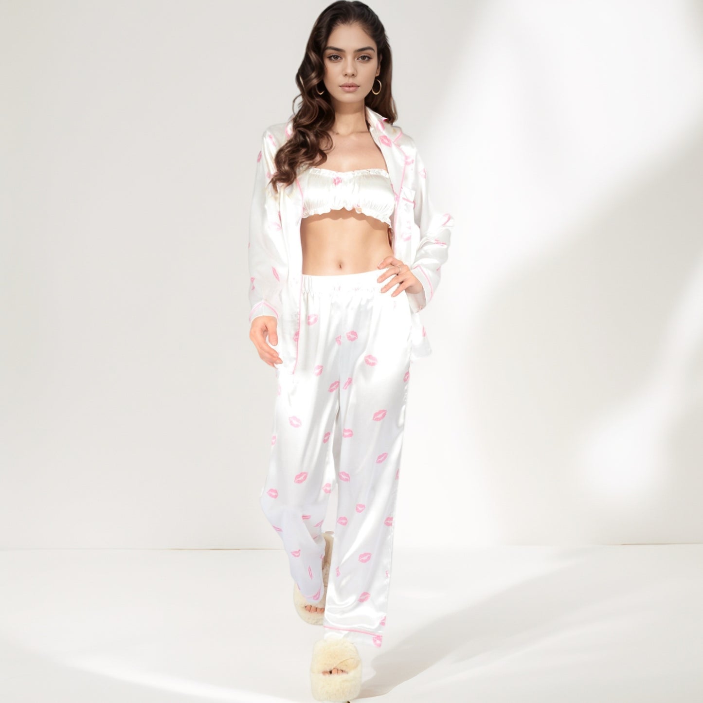 Anna-Kaci Women's Satin Three-Piece Pajama Set with Kiss Print Long Sleeve Button-Up Shirt Bandeau Top and Full-Length Lounge Pants