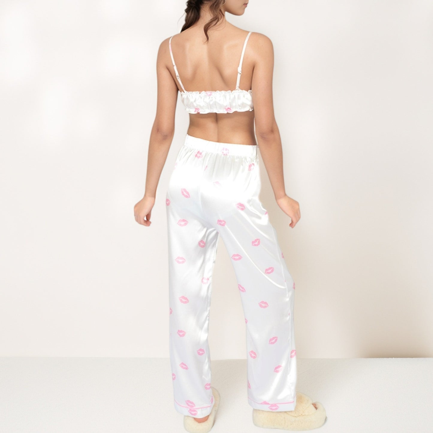 Anna-Kaci Women's Satin Three-Piece Pajama Set with Kiss Print Long Sleeve Button-Up Shirt Bandeau Top and Full-Length Lounge Pants