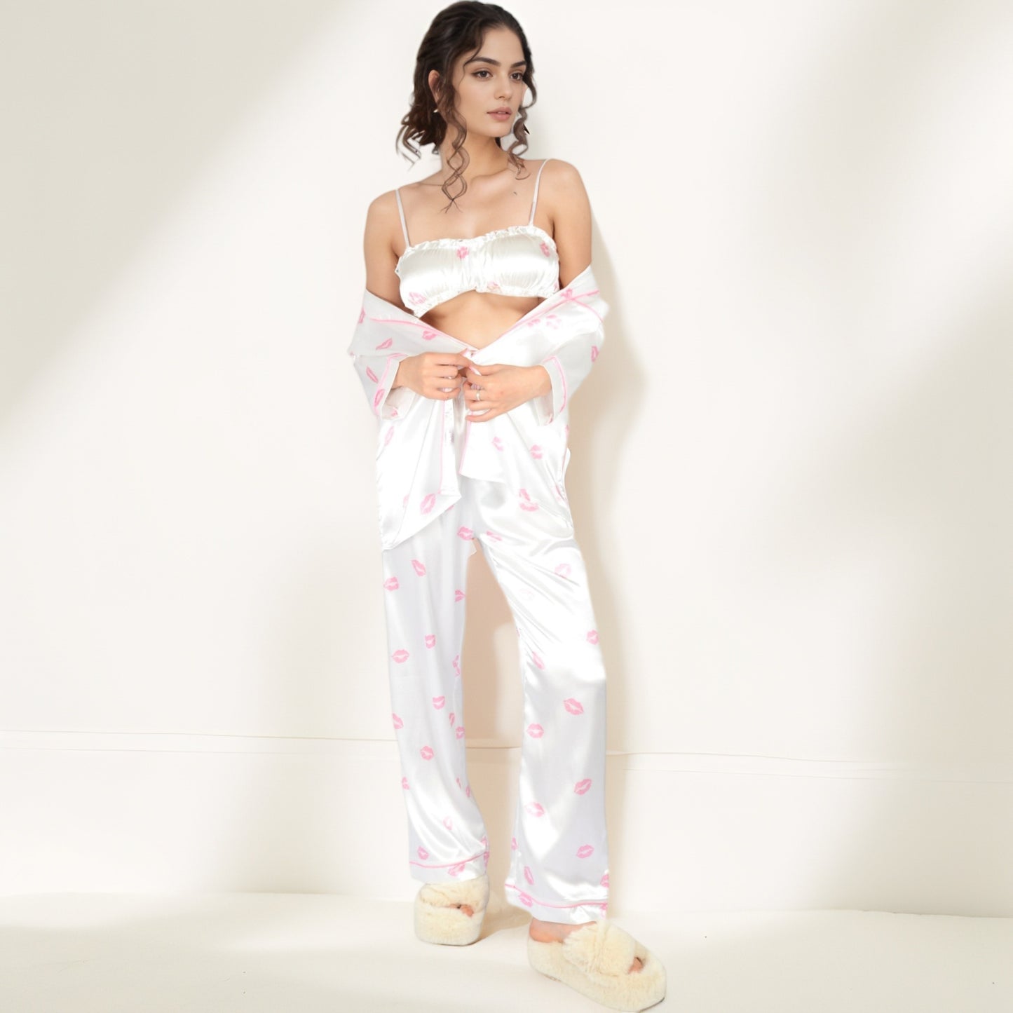 Anna-Kaci Women's Satin Three-Piece Pajama Set with Kiss Print Long Sleeve Button-Up Shirt Bandeau Top and Full-Length Lounge Pants