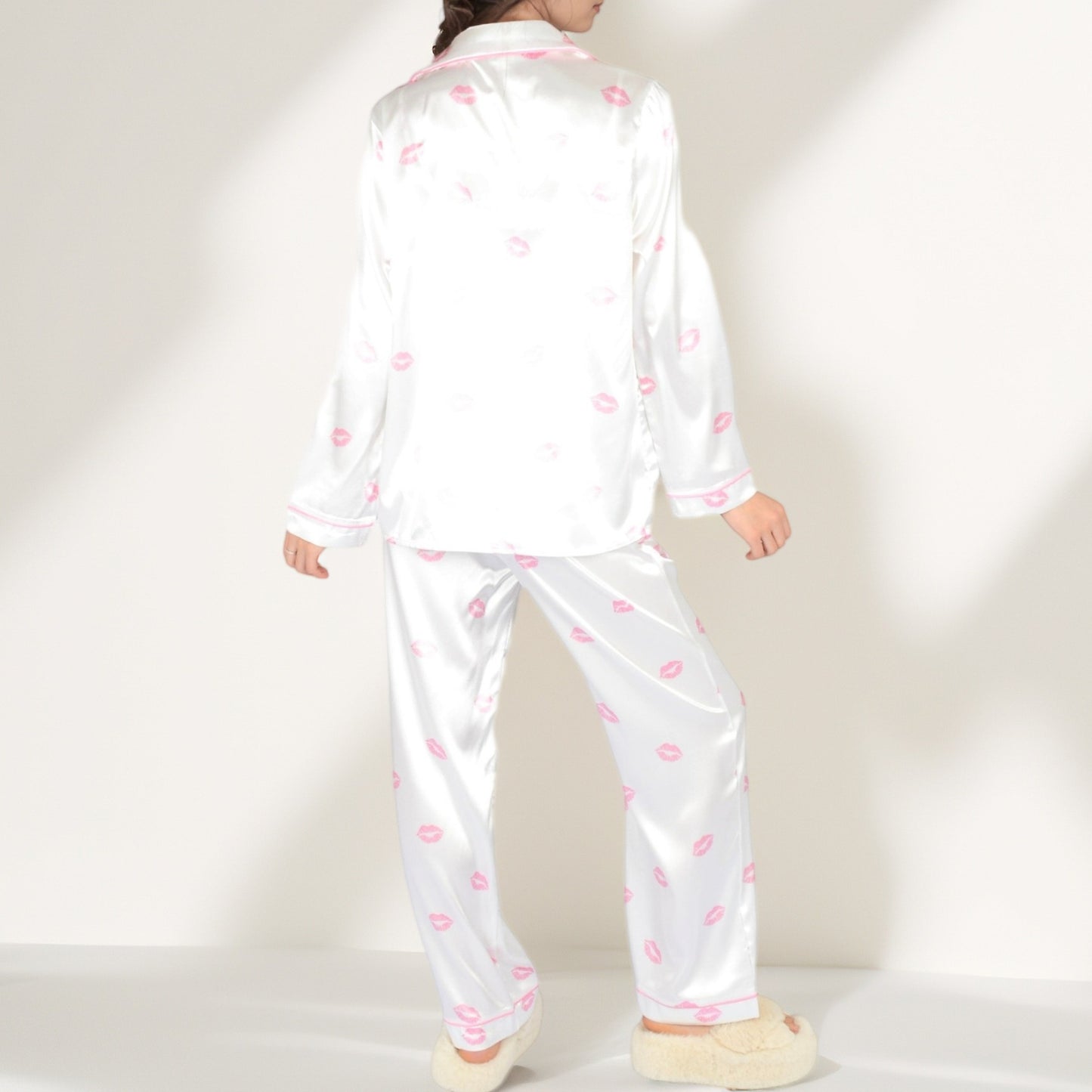 Anna-Kaci Women's Satin Three-Piece Pajama Set with Kiss Print Long Sleeve Button-Up Shirt Bandeau Top and Full-Length Lounge Pants