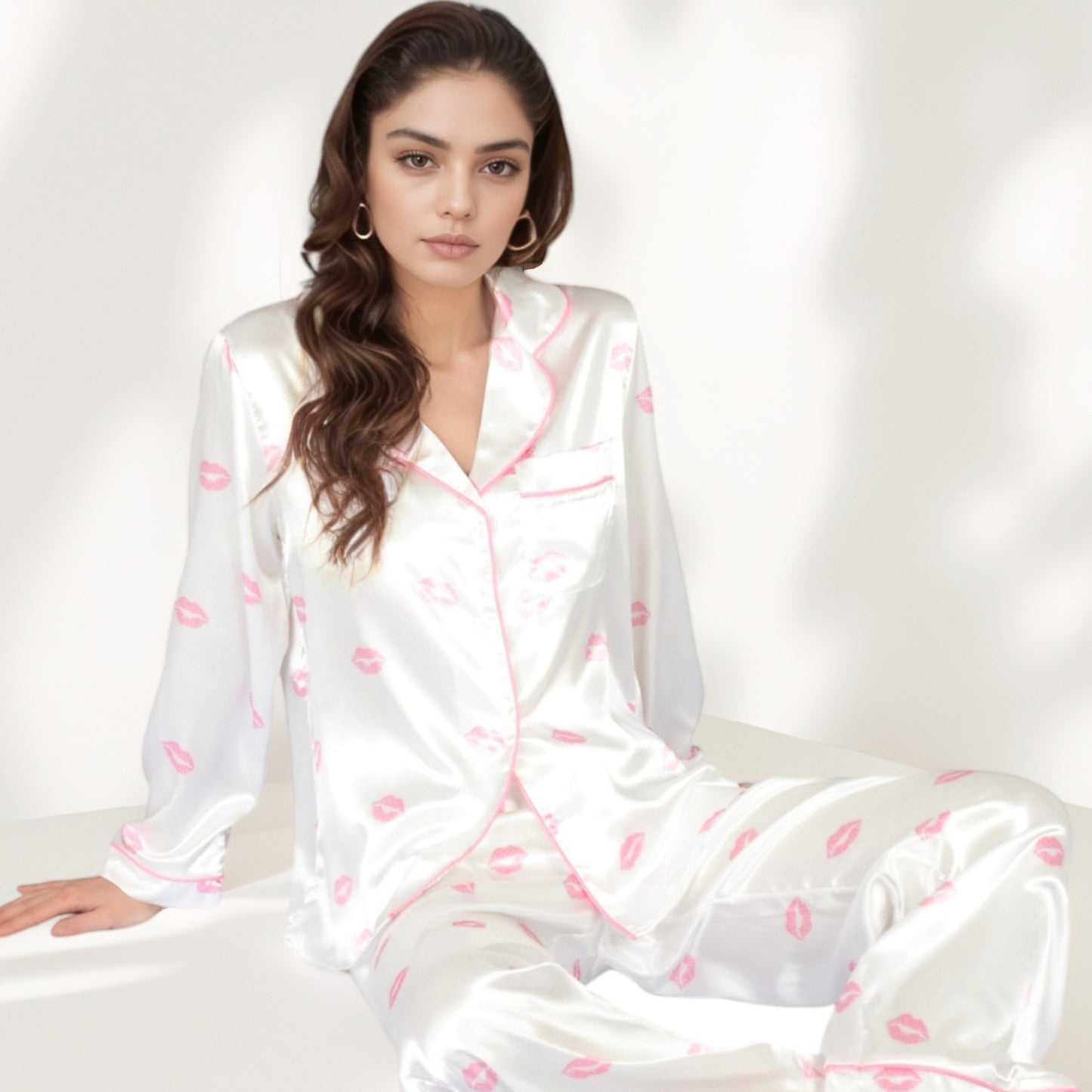 Anna-Kaci Women's Satin Three-Piece Pajama Set with Kiss Print Long Sleeve Button-Up Shirt Bandeau Top and Full-Length Lounge Pants
