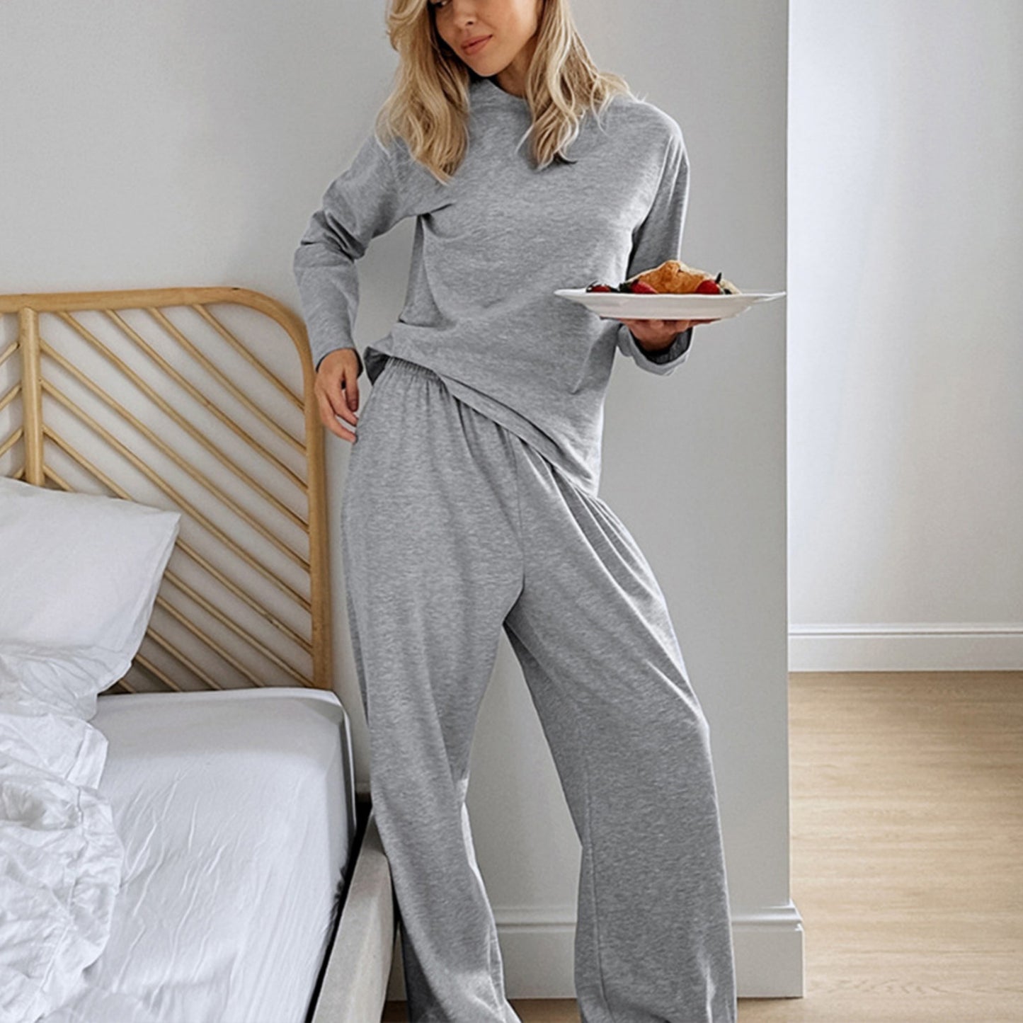 Anna-Kaci Lounge Women's Long Sleeve Relaxed Top and Wide Leg Pants Two-Piece Loungewear Set