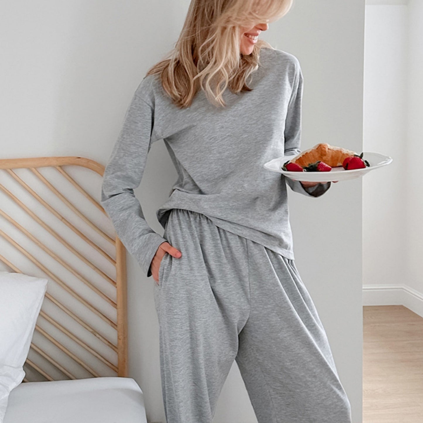 Anna-Kaci Lounge Women's Long Sleeve Relaxed Top and Wide Leg Pants Two-Piece Loungewear Set