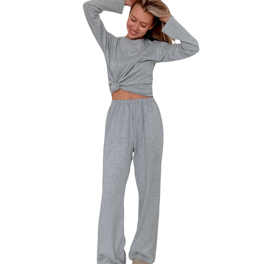 Anna-Kaci Lounge Women's Long Sleeve Relaxed Top and Wide Leg Pants Two-Piece Loungewear Set