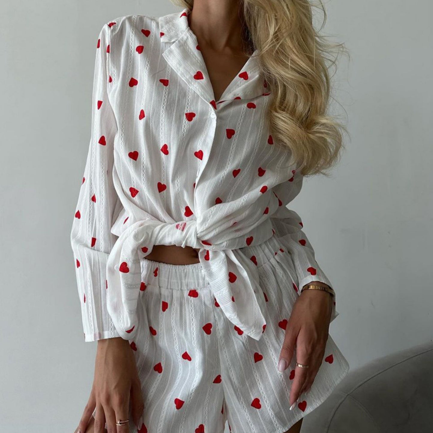 Anna-Kaci Lounge Women's White Long Sleeve Heart Print Tie Front Top and Matching Shorts Loungewear Set