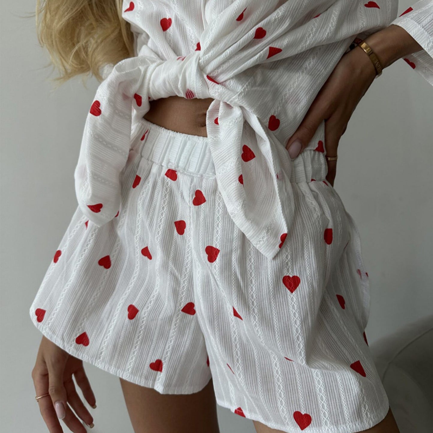 Anna-Kaci Lounge Women's White Long Sleeve Heart Print Tie Front Top and Matching Shorts Loungewear Set