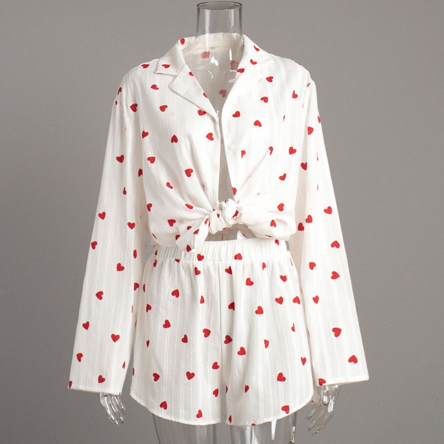 Anna-Kaci Lounge Women's White Long Sleeve Heart Print Tie Front Top and Matching Shorts Loungewear Set