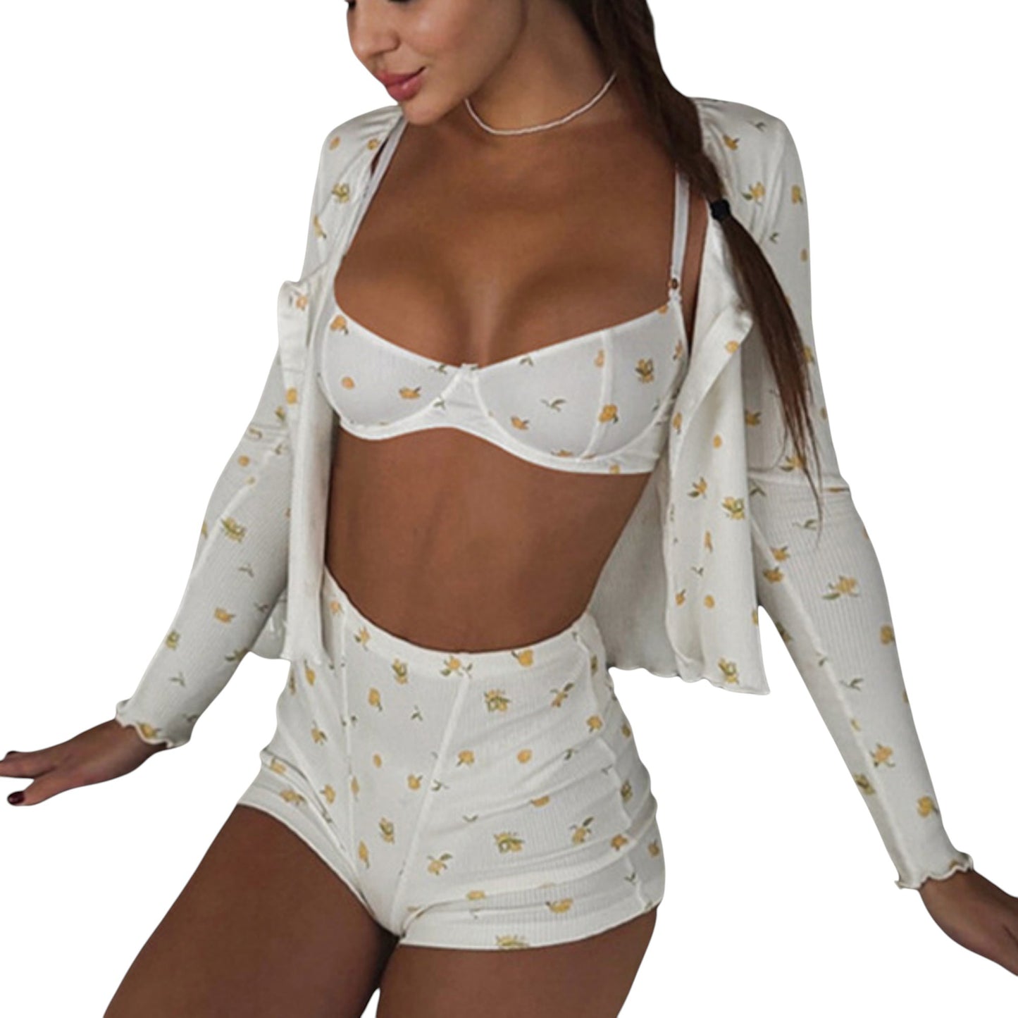 Anna-Kaci Lounge Women's 3-Piece Floral Print Loungewear Set with Bra Top, High-Waisted Shorts, and Long Sleeve Cardigan