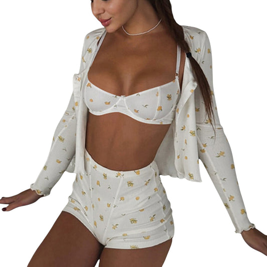 Anna-Kaci Lounge Women's 3-Piece Floral Print Loungewear Set with Bra Top, High-Waisted Shorts, and Long Sleeve Cardigan