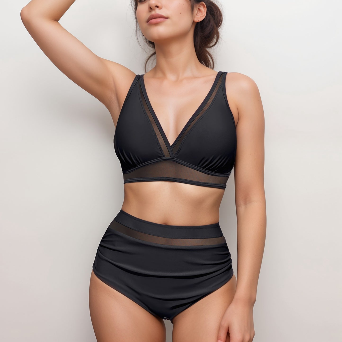 Anna-Kaci Swim Women's Two Piece Swimsuit with Mesh Trim Deep V Neck Bikini Top and High Waisted Ruched Bottoms
