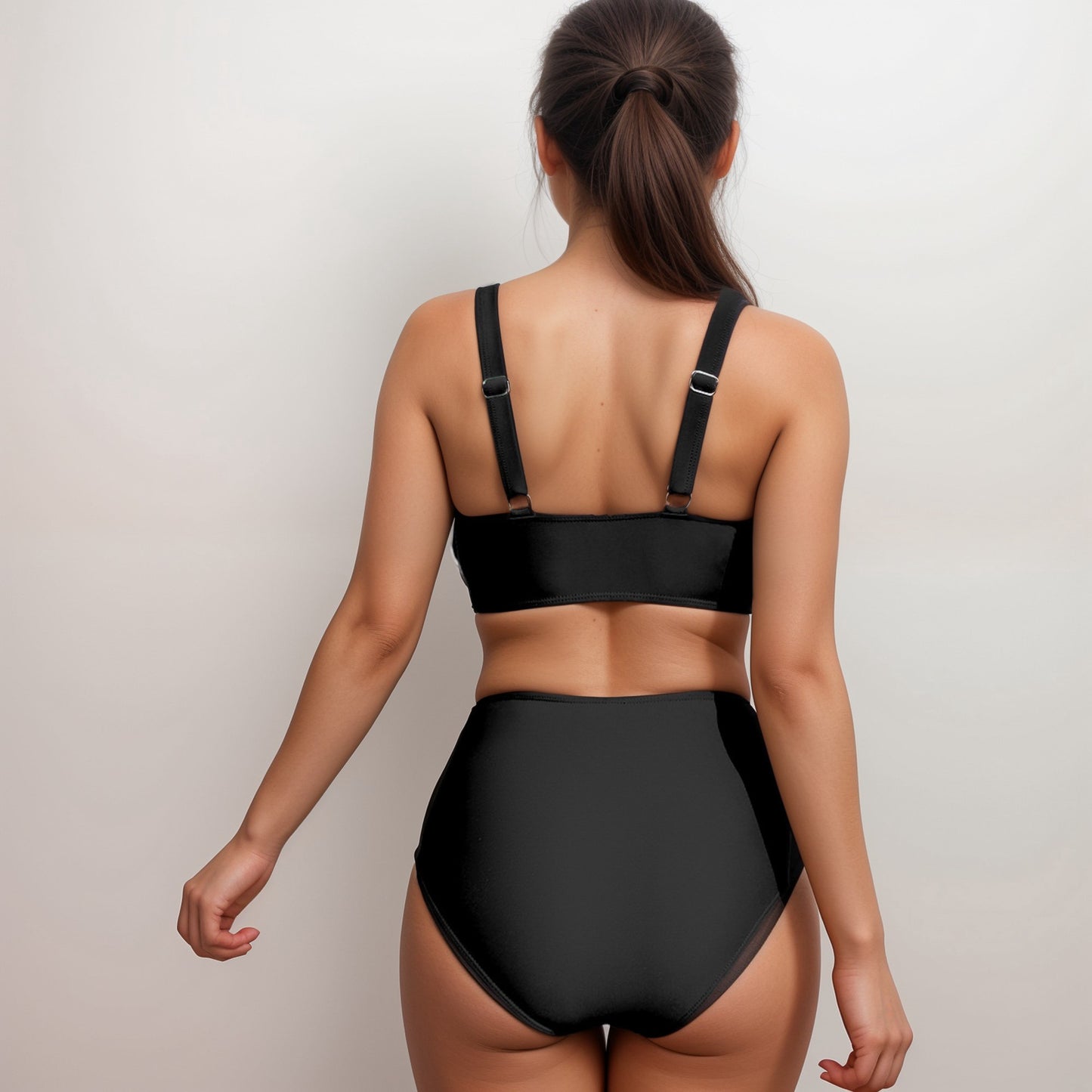 Anna-Kaci Swim Women's Two Piece Swimsuit with Mesh Trim Deep V Neck Bikini Top and High Waisted Ruched Bottoms