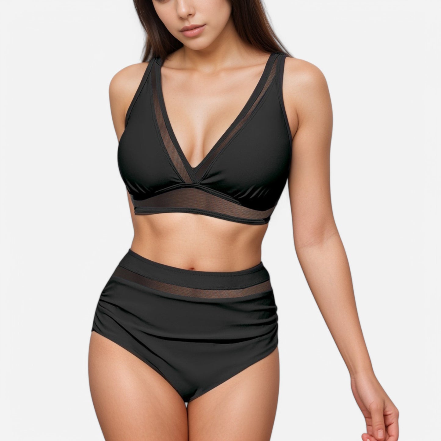 Anna-Kaci Swim Women's Two Piece Swimsuit with Mesh Trim Deep V Neck Bikini Top and High Waisted Ruched Bottoms