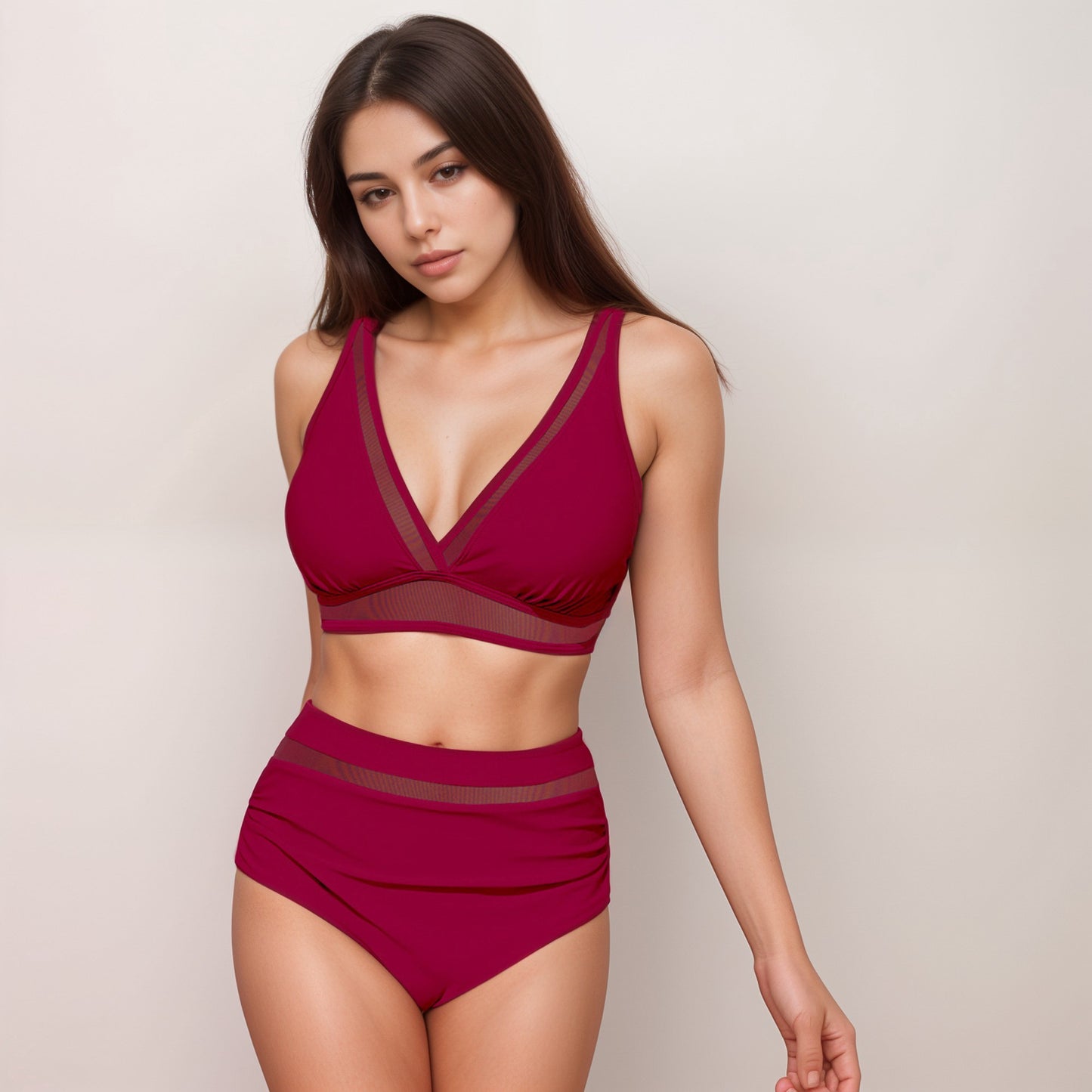 Anna-Kaci Swim Women's Two Piece Swimsuit with Mesh Trim Deep V Neck Bikini Top and High Waisted Ruched Bottoms