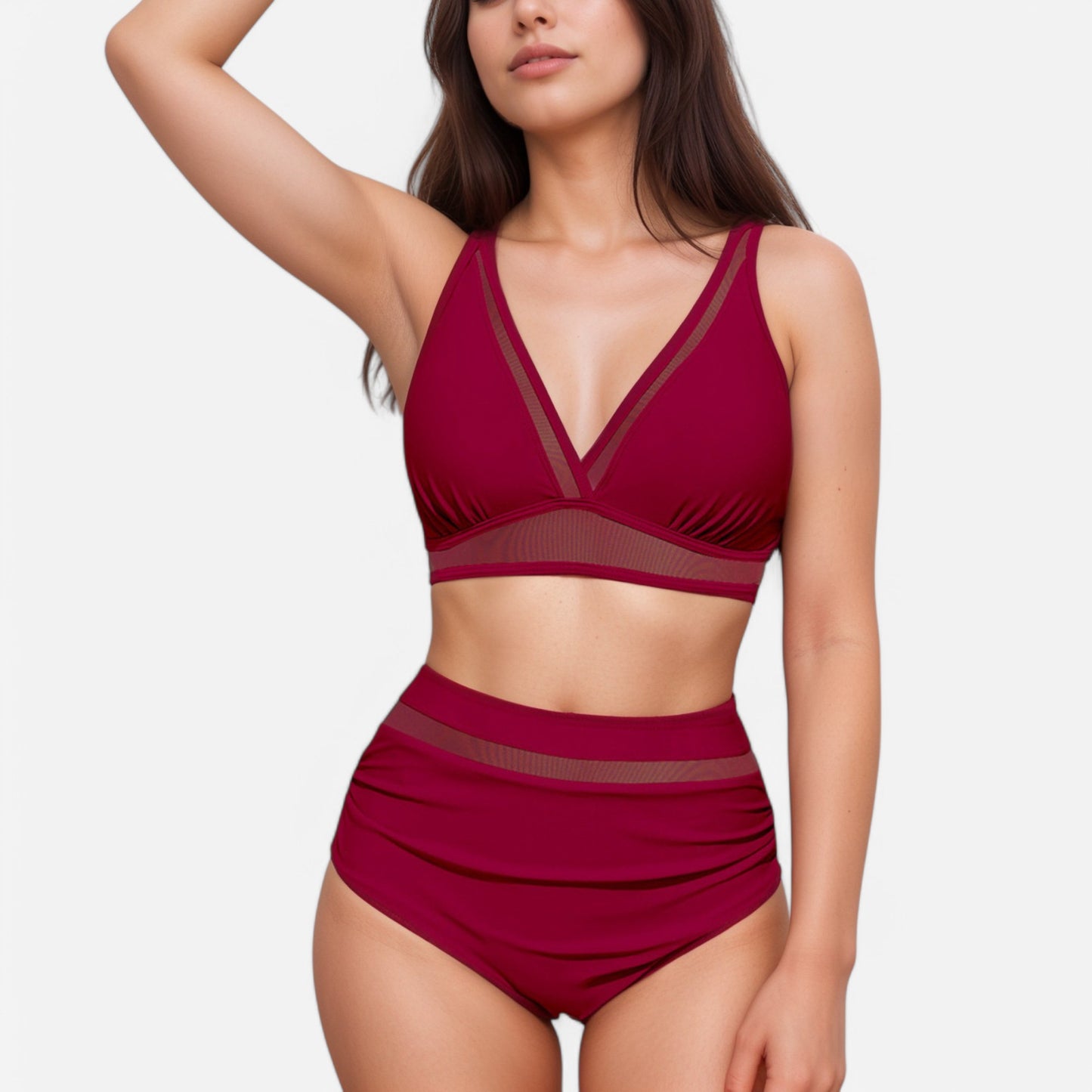 Anna-Kaci Swim Women's Two Piece Swimsuit with Mesh Trim Deep V Neck Bikini Top and High Waisted Ruched Bottoms