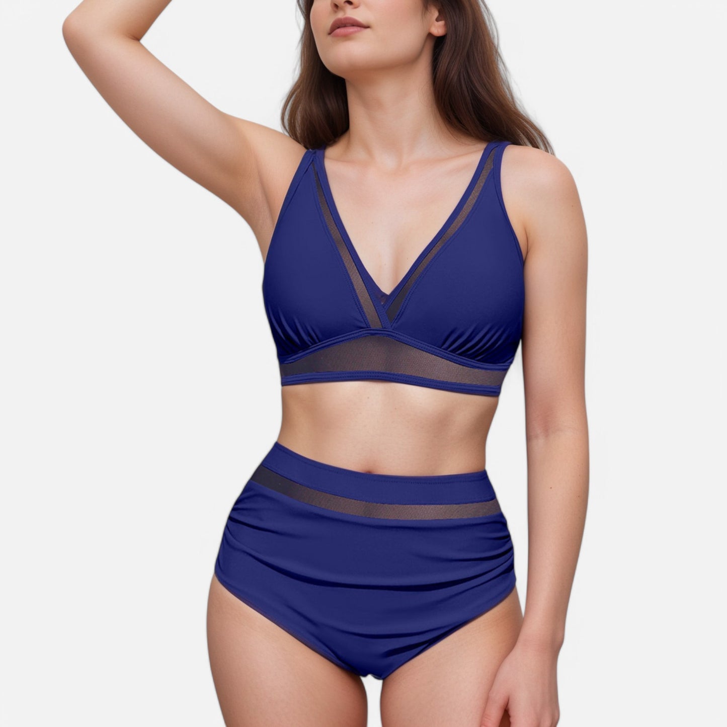 Anna-Kaci Swim Women's Two Piece Swimsuit with Mesh Trim Deep V Neck Bikini Top and High Waisted Ruched Bottoms