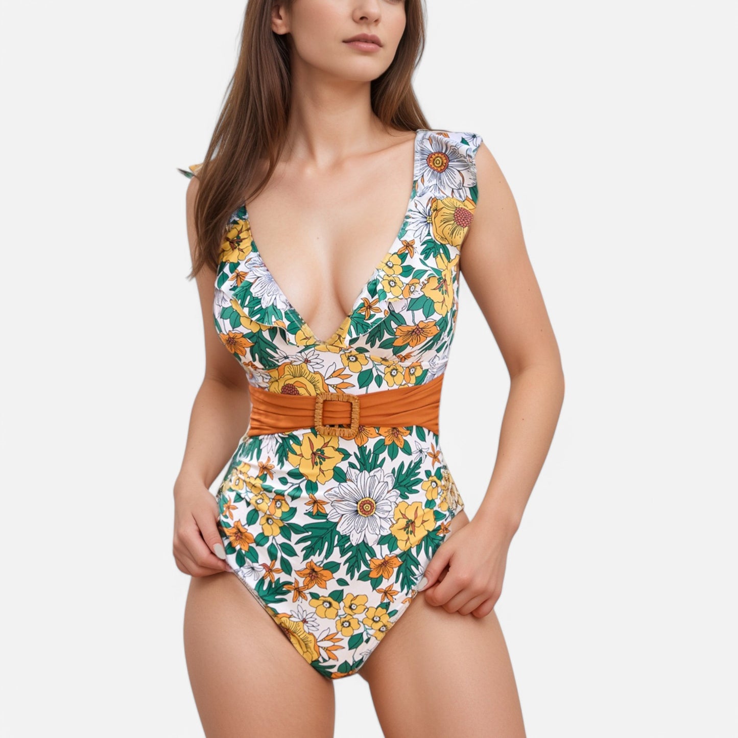 Anna-Kaci Swim Women's Ruffle Trim One Piece Swimsuit with Deep V Neckline and Decorative Belt Detail
