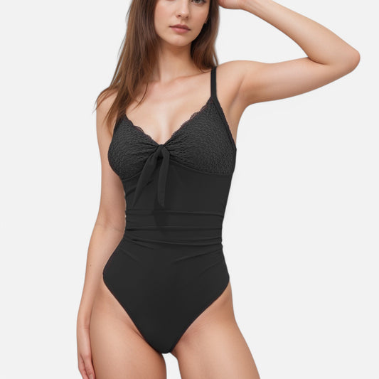 Anna-Kaci Swim Women's One Piece Swimsuit with Textured Bodice Front Tie Detail and Ruched Waist