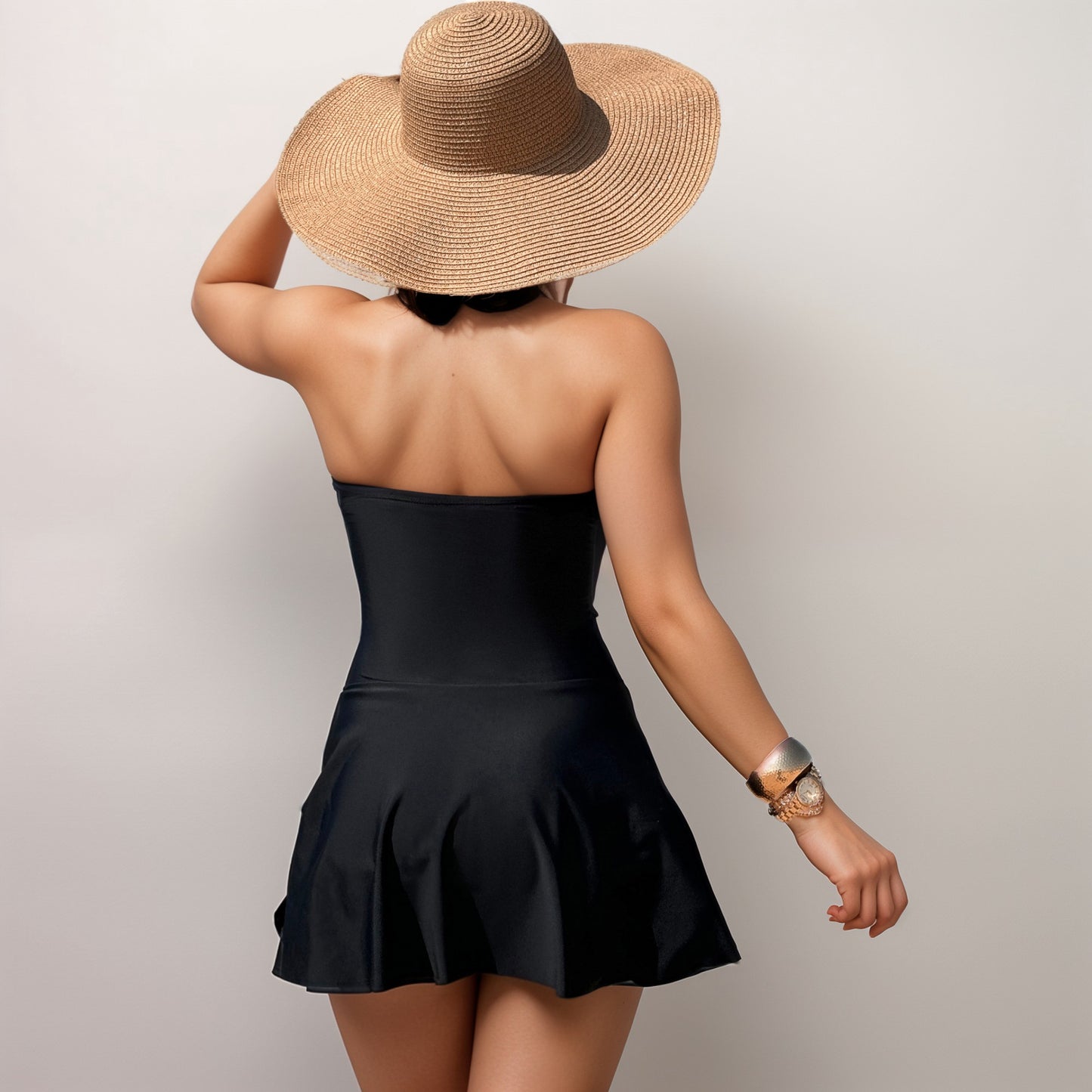 Anna-Kaci Swim Women's One Piece Halter Swimsuit with Front Cutout and Attached Wrap Skirt Detail