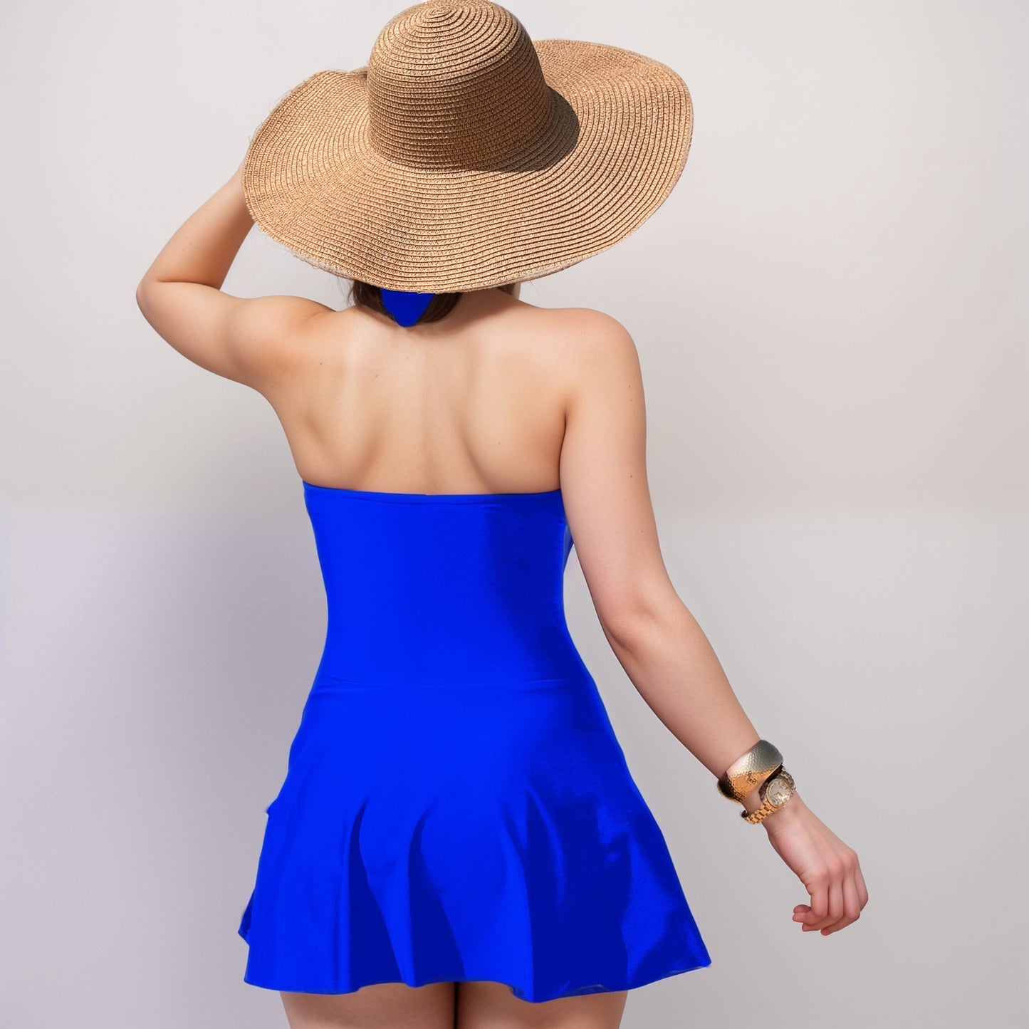 Anna-Kaci Swim Women's One Piece Halter Swimsuit with Front Cutout and Attached Wrap Skirt Detail
