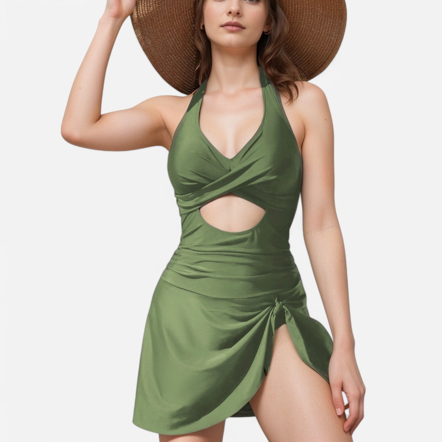 Anna-Kaci Swim Women's One Piece Halter Swimsuit with Front Cutout and Attached Wrap Skirt Detail
