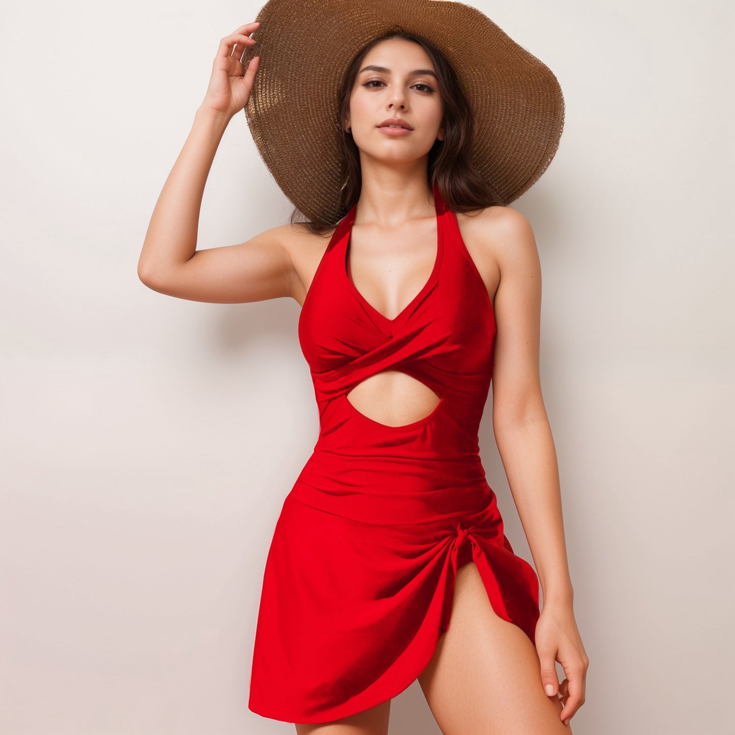 Anna-Kaci Swim Women's One Piece Halter Swimsuit with Front Cutout and Attached Wrap Skirt Detail