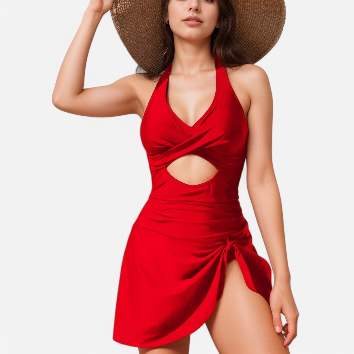 Anna-Kaci Swim Women's One Piece Halter Swimsuit with Front Cutout and Attached Wrap Skirt Detail