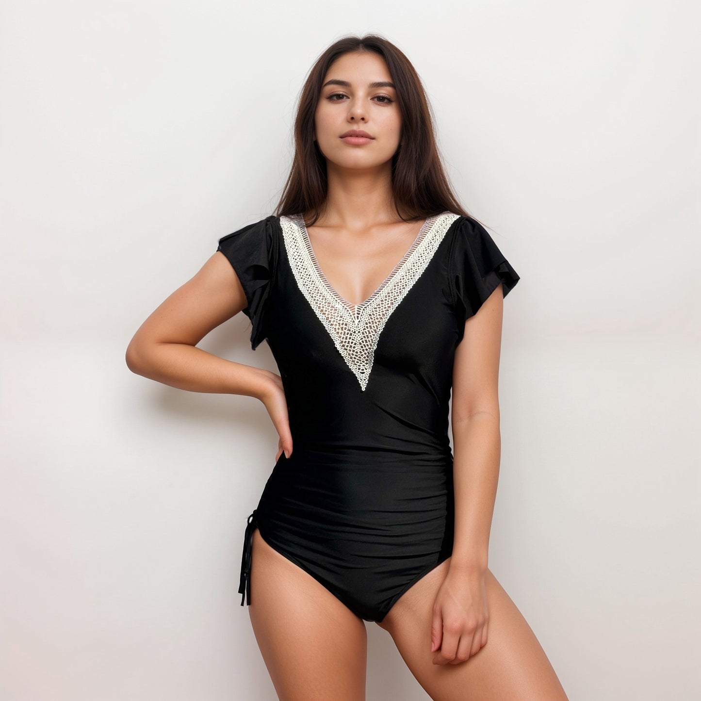 Anna-Kaci Swim Women's One Piece Swimsuit with Crochet V-Neckline and Flutter Cap Sleeves