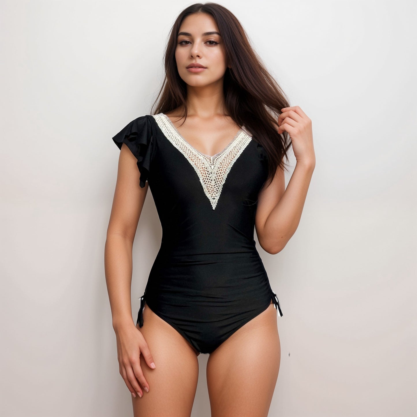 Anna-Kaci Swim Women's One Piece Swimsuit with Crochet V-Neckline and Flutter Cap Sleeves