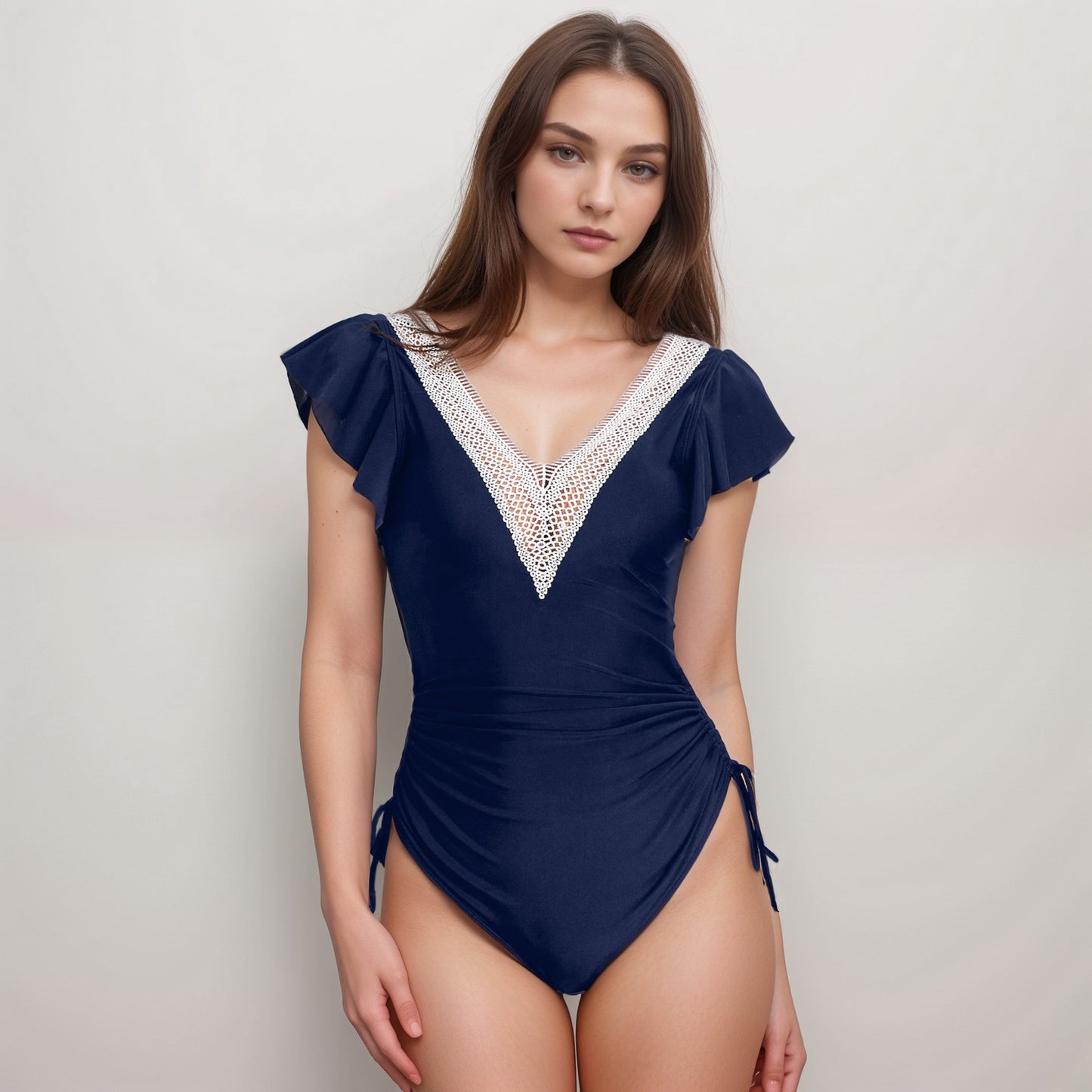 Anna-Kaci Swim Women's One Piece Swimsuit with Crochet V-Neckline and Flutter Cap Sleeves
