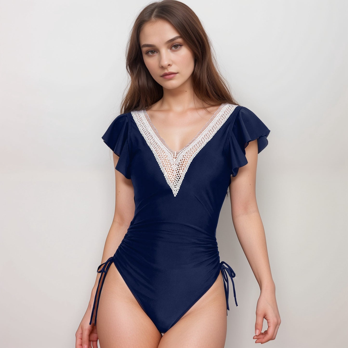 Anna-Kaci Swim Women's One Piece Swimsuit with Crochet V-Neckline and Flutter Cap Sleeves