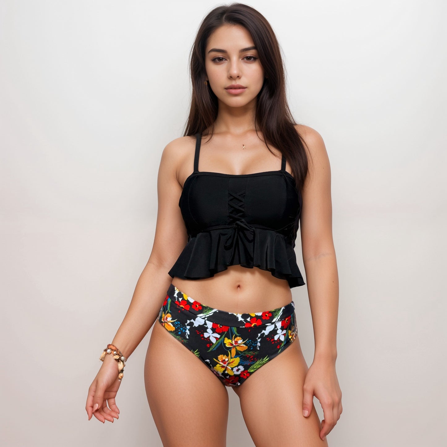 Anna-Kaci Swim Women's Two Piece Bikini Set with Lace-Up Ruffle Tankini Top and High Waist Floral Bottoms
